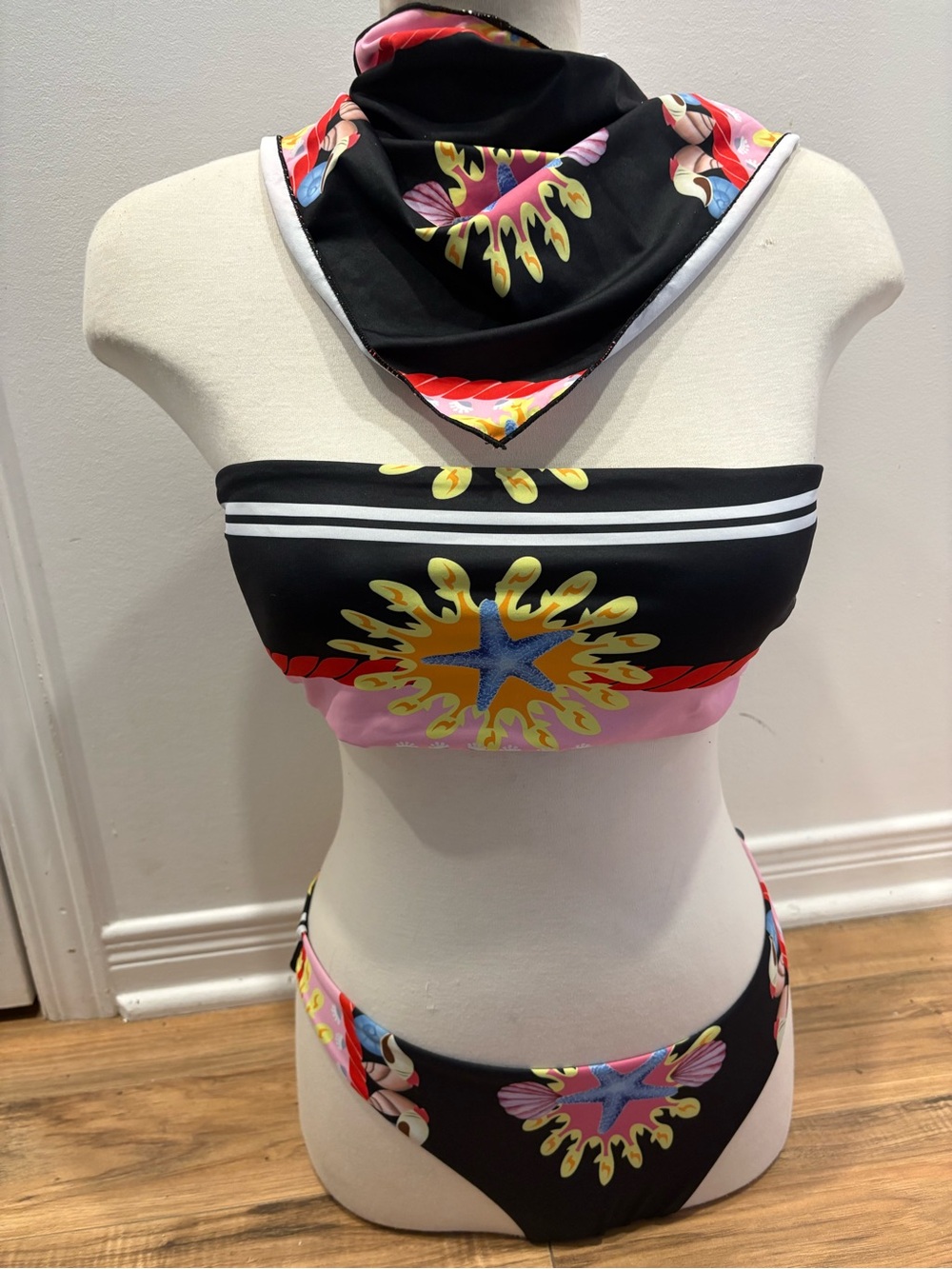 Black & Pink Floral Bandeau Bikini Set with Scarf